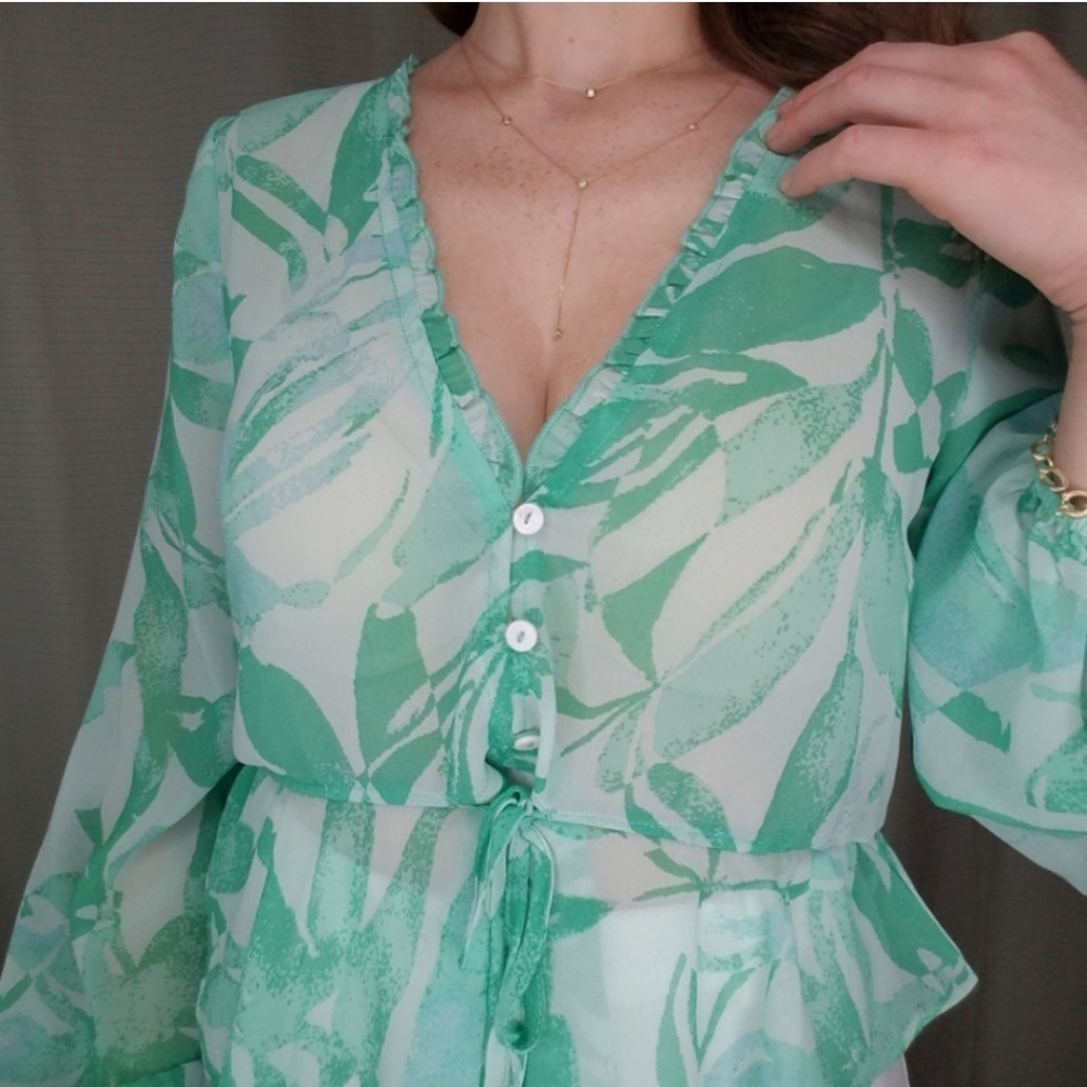 Olivaceous Medium Green Floral Print Blouse - Picture 7 of 13